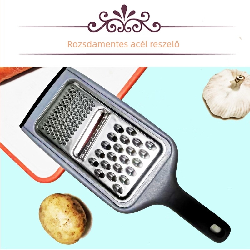3 az 1-ben, multifunkcionális zöldségvágó és reszelő, kézvédővel; anyag: PP + rozsdamentes acél; modern minimalist design; testreszabható