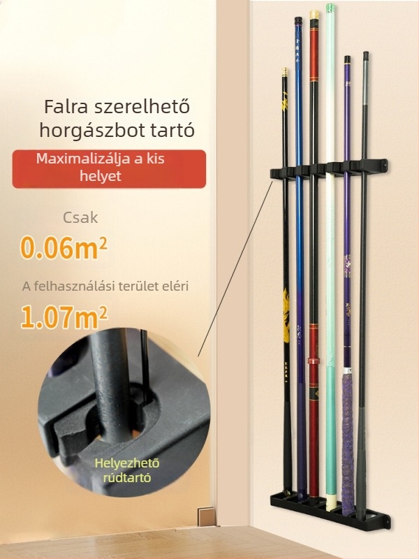 Horgászbotok kiállító- és tárolóállvány, falra szerelhető, autóba rögzíthető, műanyag