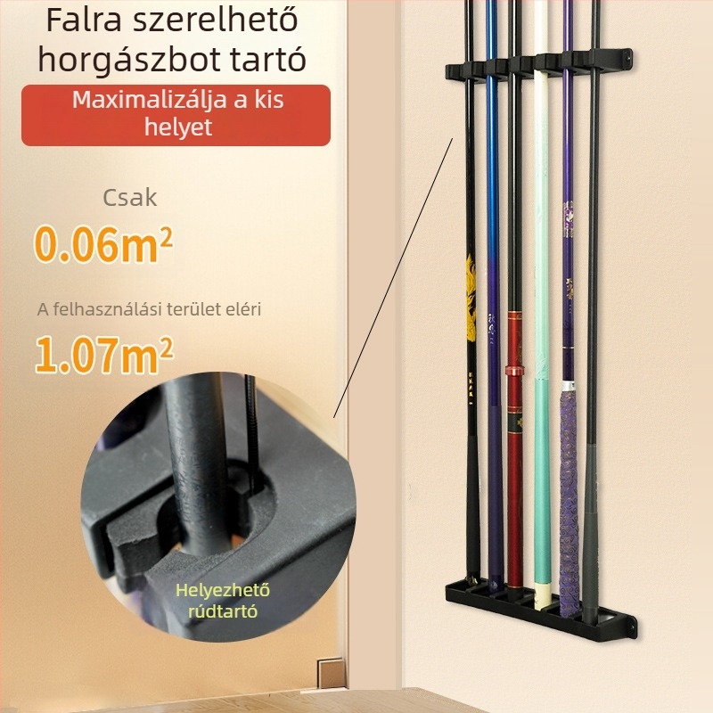 Horgászbotok kiállító- és tárolóállvány, falra szerelhető, autóba rögzíthető, műanyag