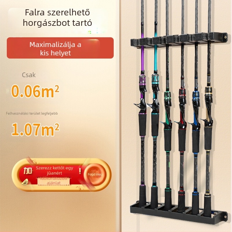 Horgászbotok kiállító- és tárolóállvány, falra szerelhető, autóba rögzíthető, műanyag