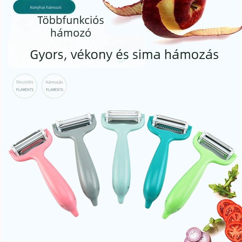 Rozsdamentes acélból készült zöldség- és gyümölcs hámozó julienne szeletelővel és reszelővel – kompakt 3 az 1-ben konyhai eszköz