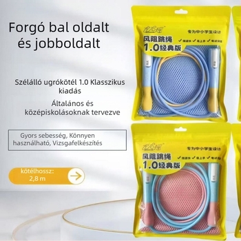 Bal- és jobb oldali rezgő szélálló ugrókötél 1.0, kifejezetten diákok testedzéséhez tervezve, könnyen használható, strapabíró, névjegy-címke és tároló táska mellékelve