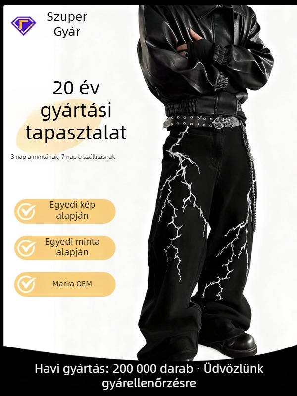 Hímzett farmernadrág villám motívummal, egyenes szabás, középmagasság (60% pamut, denim, egyenes szabás, középmagasság, hímzés)