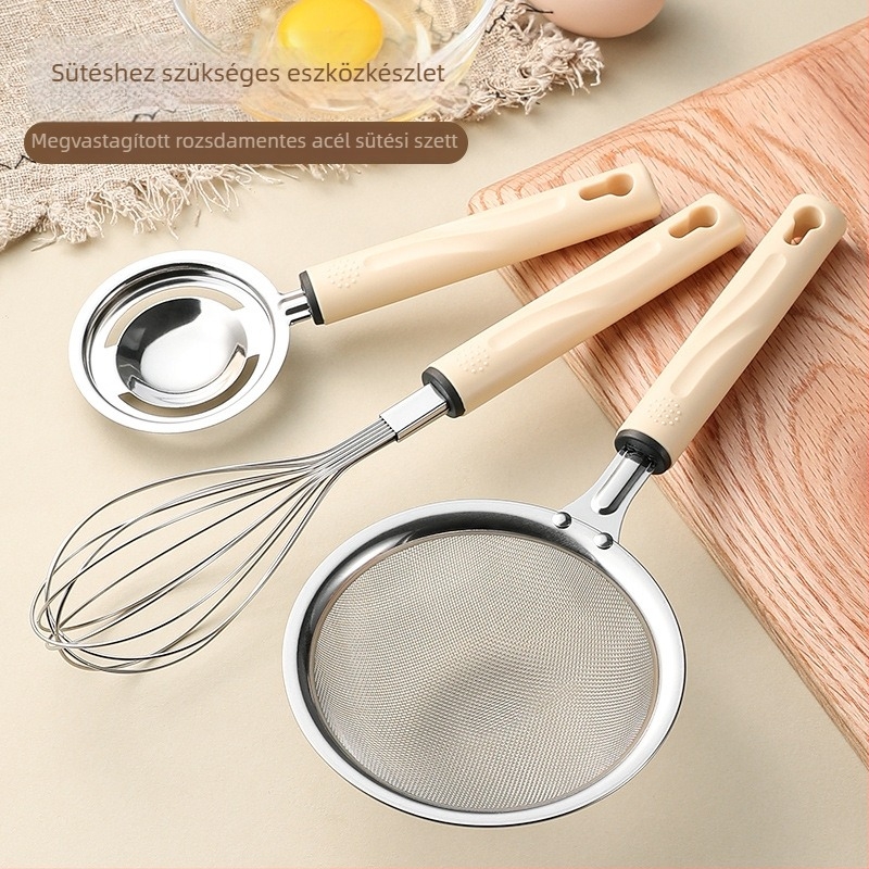 Rozsdamentes acélból készült 3 részes konyhai készlet otthoni használatra: szűrő, tojáshabosító és fehérje elválasztó