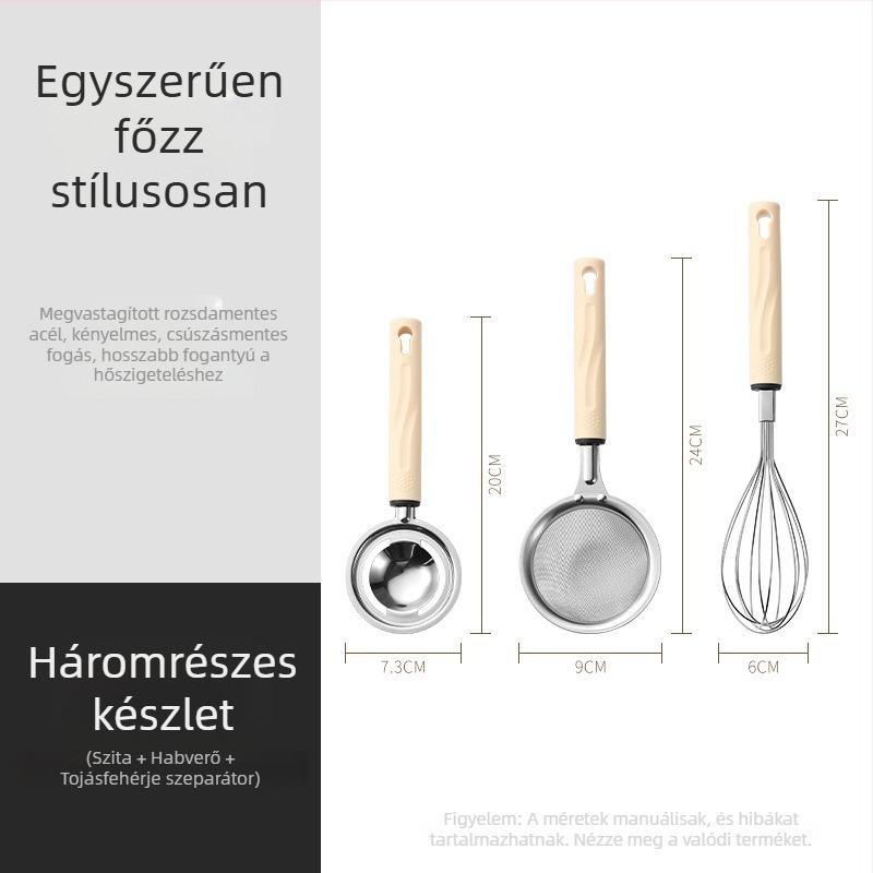 Rozsdamentes acélból készült 3 részes konyhai készlet otthoni használatra: szűrő, tojáshabosító és fehérje elválasztó