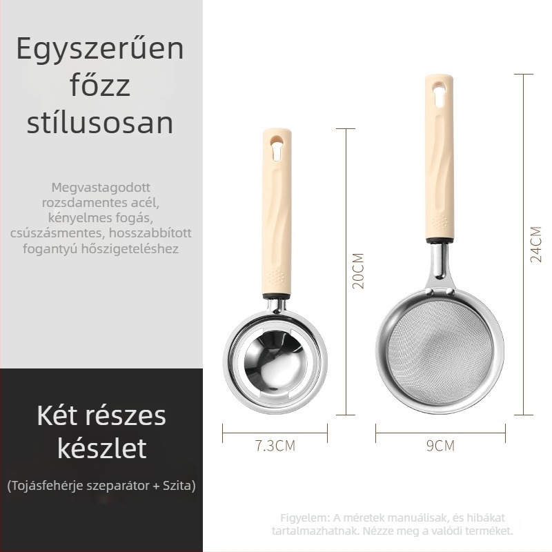Rozsdamentes acélból készült 3 részes konyhai készlet otthoni használatra: szűrő, tojáshabosító és fehérje elválasztó