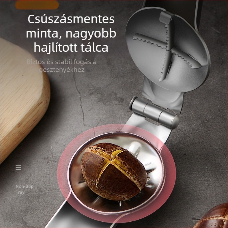 Gesztenye nyitó és hámozó keresztes klipekkel, rozsdamentes acél, modern minimalist dizájn, Yangjiang eredetű, 2017 tavaszán debütált