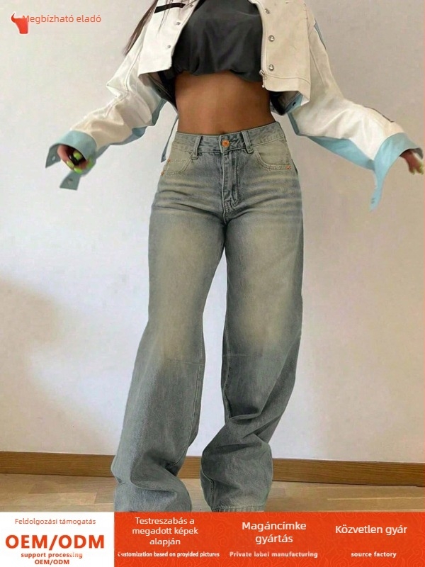 Női denim farmernadrág, distressed, egyenes szabású, teljes hosszúságú, patchwork