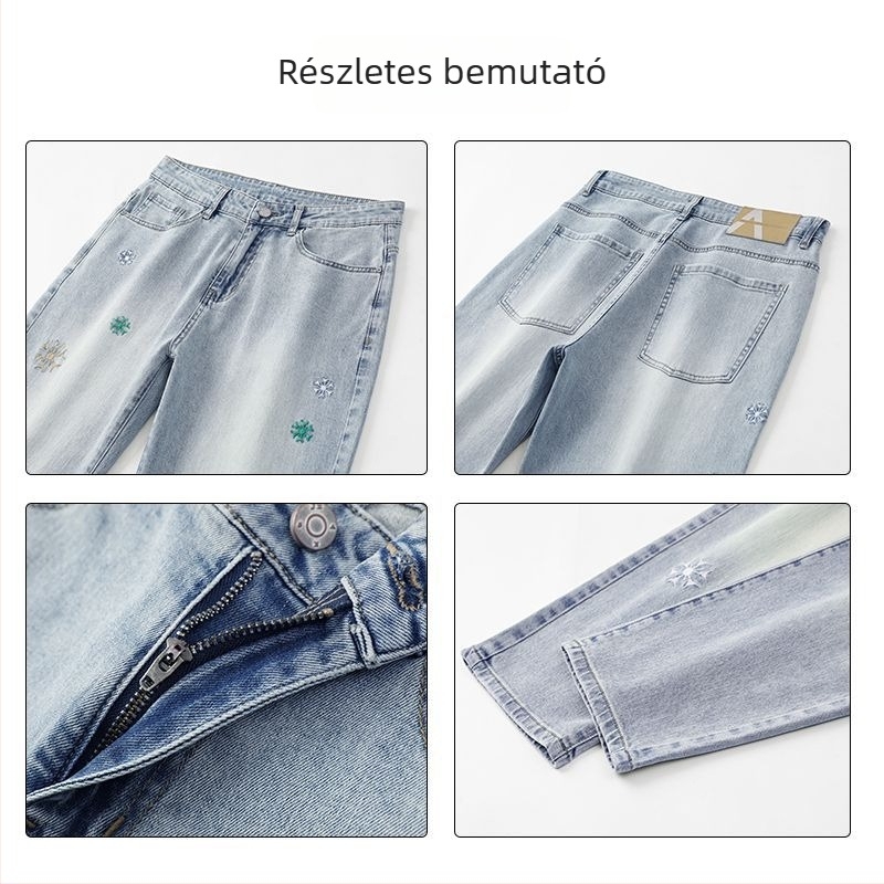 Farmernadrág, cropped szabású egyenes szárú fazon, középmagas derekú, pamut-keverék mikroszilárd rugalmassággal (67% pamut, 32,2% poliészter, 0,8% spandex), cipzár