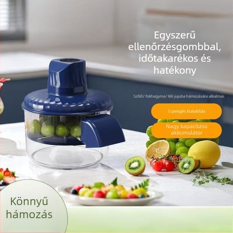 Elektromos gyümölcs- és zöldségpucoló háztartási használatra, szőlő és fokhagyma pucolási funkcióval, 50W, 3.7V, 1300mAh, PP műanyag, töltés 5V-1A