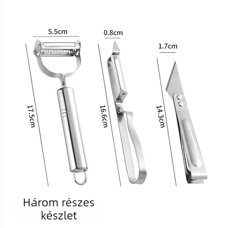 Három az egyben hámozó- és reszelő készlet: burgonya hámozó, gyümölcs- és zöldségrészelő, hámozó kés