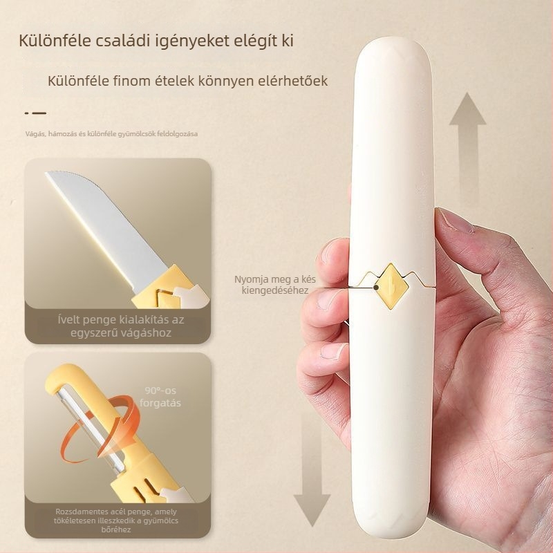 Kétfejű, 2-in-1 gyümölcs hámozó és kés, rozsdamentes acél, multifunkcionális, hordozható
