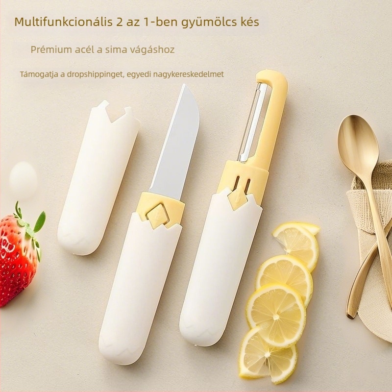 Kétfejű, 2-in-1 gyümölcs hámozó és kés, rozsdamentes acél, multifunkcionális, hordozható