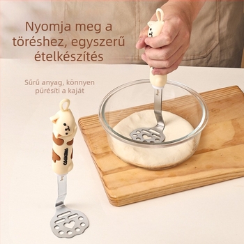 Rozsdamentes acélból készült cicás rajzfilmsztílusú sütőeszköz-készlet: tojásfehérje-szétválasztó, liszt-szita, burgonyaprés