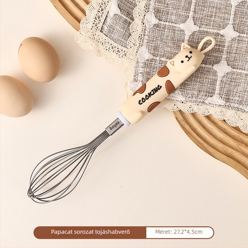 Rozsdamentes acélból készült cicás rajzfilmsztílusú sütőeszköz-készlet: tojásfehérje-szétválasztó, liszt-szita, burgonyaprés