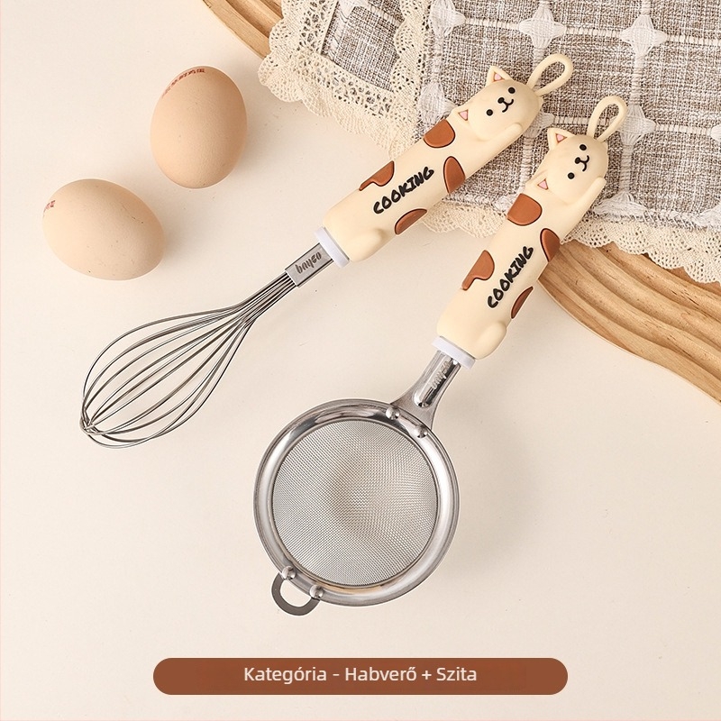 Rozsdamentes acélból készült cicás rajzfilmsztílusú sütőeszköz-készlet: tojásfehérje-szétválasztó, liszt-szita, burgonyaprés
