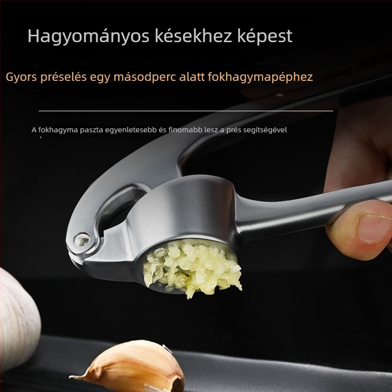Fokhagyma prés - könnyű kézi, cinkötvözet, modern letisztult stílus, logónyomás lehetséges, ajándékhoz ideális (könnyű; cinkötvözet; logónyomás)