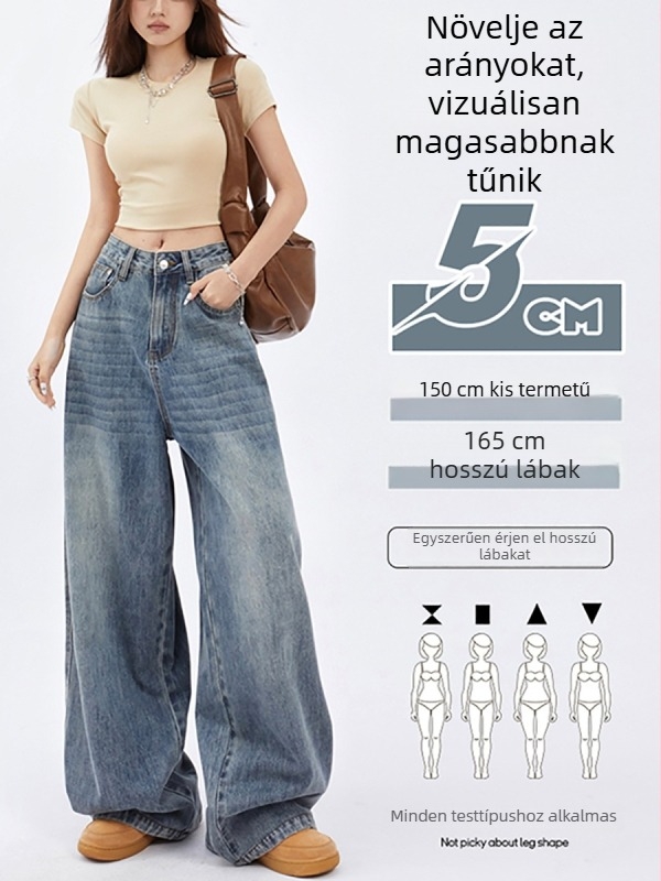 Női farmernadrág – magas derék, széles szárú, hosszú, denim anyag, pamut-poliészter keverék, casual stílus