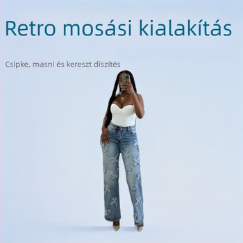Nadrág denim, egyenes szabású, magas derék, bokáig érő hosszúságú