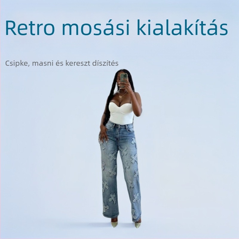 Nadrág denim, egyenes szabású, magas derék, bokáig érő hosszúságú