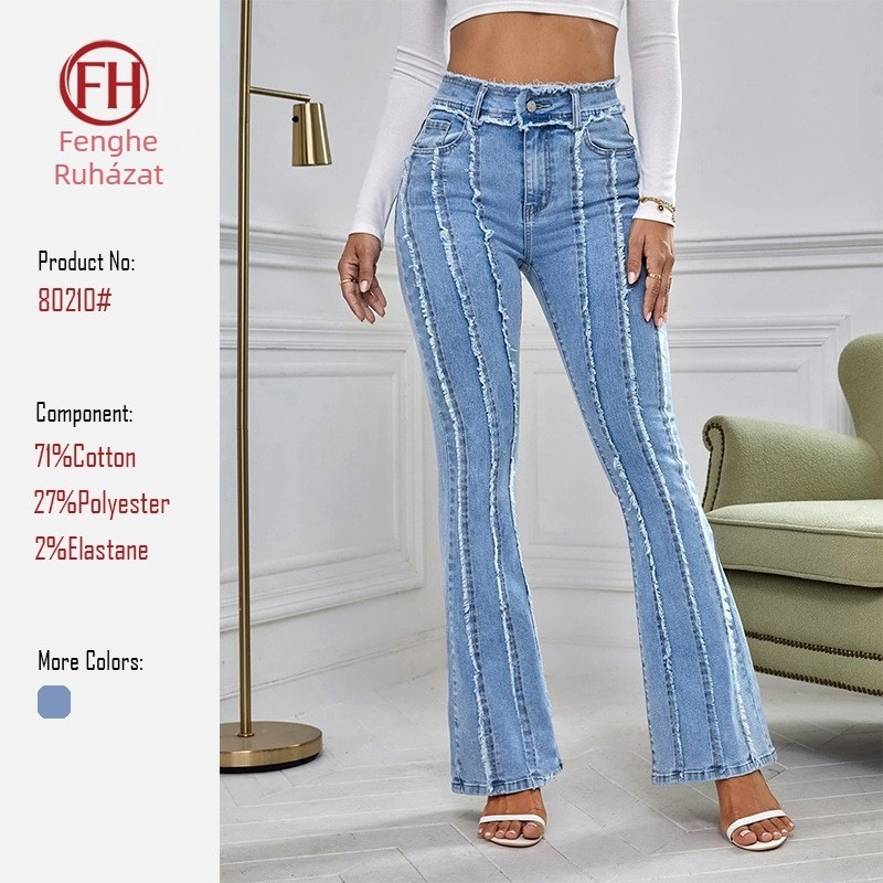 Női farmernadrág denim anyagból, mikro flare, magas derék, hosszú szár, 70-80% pamut és 20-30% poliészter