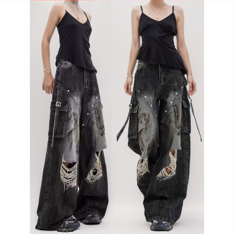 Szakadt denim nadrág női, magas derekú, egyenes szabás, városi stílus, denim-pamut 90–95%, tavasz 2025