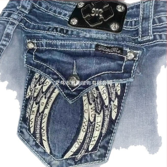 Női farmernadrág Y2K szárnyas hímzett zsebekkel, középmagas derekú, retro pamut-denim
