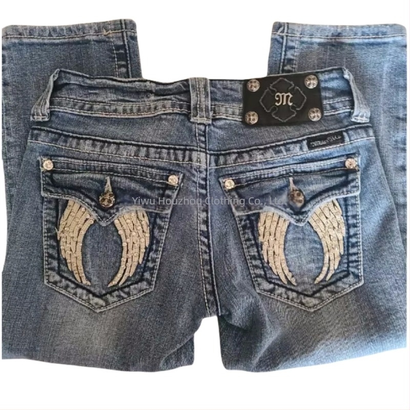 Női farmernadrág Y2K szárnyas hímzett zsebekkel, középmagas derekú, retro pamut-denim