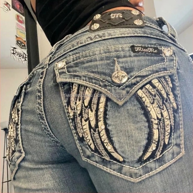 Női farmernadrág Y2K szárnyas hímzett zsebekkel, középmagas derekú, retro pamut-denim