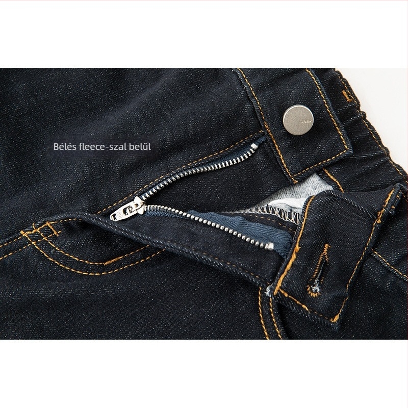 Női farmernadrág Denim-Pamutból, magas derék, hosszú, banán stílus, fleece-béléssel
