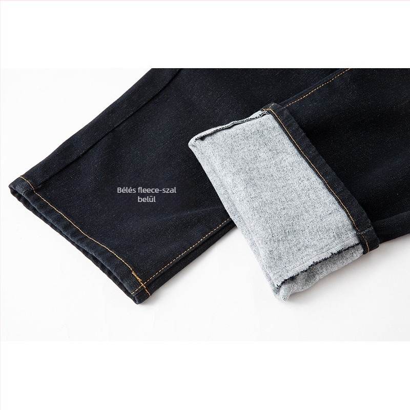 Női farmernadrág Denim-Pamutból, magas derék, hosszú, banán stílus, fleece-béléssel
