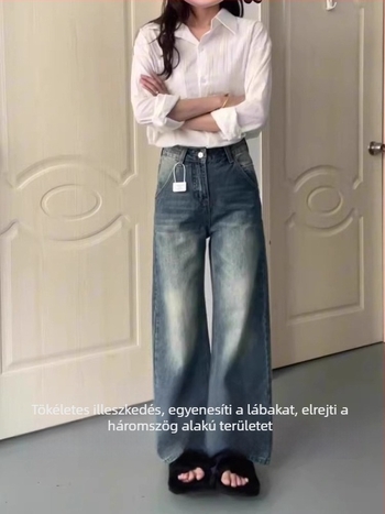 Női farmer nadrág amerikai retro stílusban, mosott denim, magas derék, egyenes szabás, pamut denim, közepes vastagság, nyár 2025