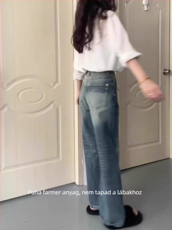 Női farmer nadrág amerikai retro stílusban, mosott denim, magas derék, egyenes szabás, pamut denim, közepes vastagság, nyár 2025