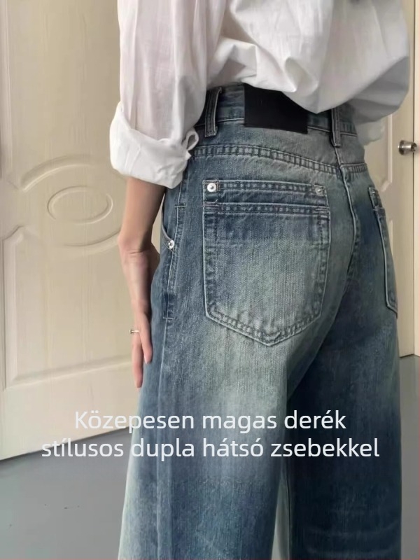 Női farmer nadrág amerikai retro stílusban, mosott denim, magas derék, egyenes szabás, pamut denim, közepes vastagság, nyár 2025