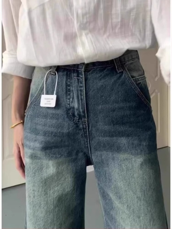 Női farmer nadrág amerikai retro stílusban, mosott denim, magas derék, egyenes szabás, pamut denim, közepes vastagság, nyár 2025