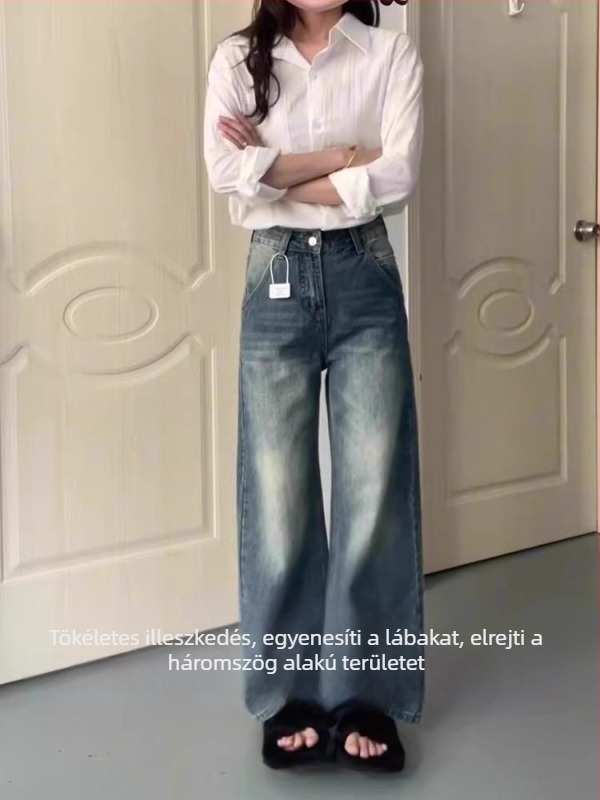 Női farmer nadrág amerikai retro stílusban, mosott denim, magas derék, egyenes szabás, pamut denim, közepes vastagság, nyár 2025