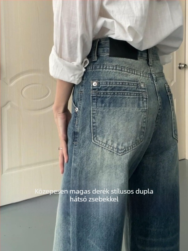 Női farmer nadrág amerikai retro stílusban, mosott denim, magas derék, egyenes szabás, pamut denim, közepes vastagság, nyár 2025