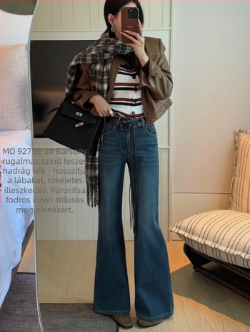 Magas derekú farmernadrág, vastag denim pamutból, mikroflare szár, retro stílus, téli 2025