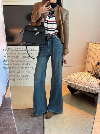 Magas derekú farmernadrág, vastag denim pamutból, mikroflare szár, retro stílus, téli 2025