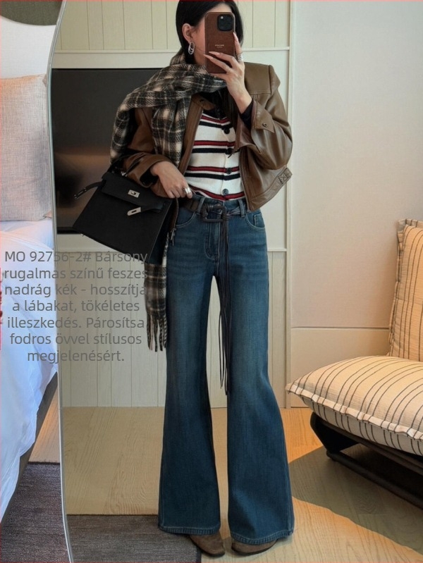 Magas derekú farmernadrág, vastag denim pamutból, mikroflare szár, retro stílus, téli 2025