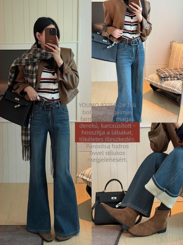 Magas derekú farmernadrág, vastag denim pamutból, mikroflare szár, retro stílus, téli 2025