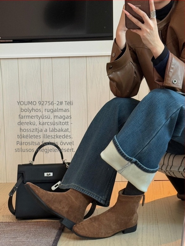 Magas derekú farmernadrág, vastag denim pamutból, mikroflare szár, retro stílus, téli 2025