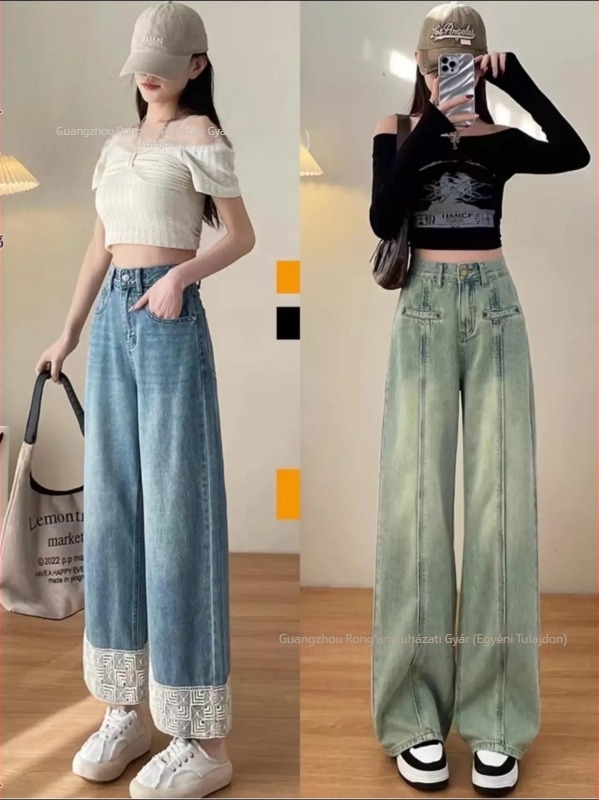 Női magas derekú, széles szárú farmer, denim anyag, mikroelasztikus, nyár 2025.