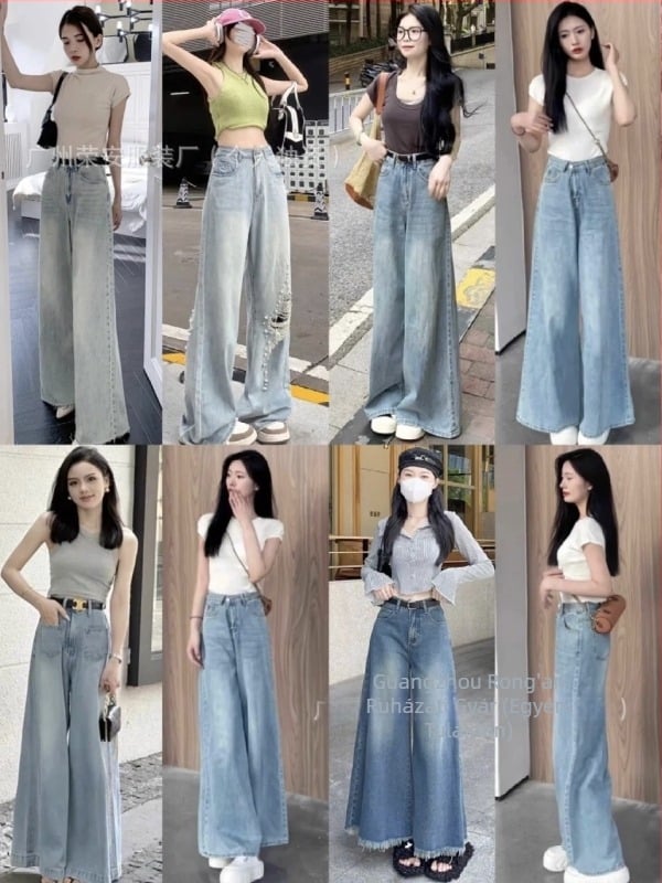 Női magas derekú, széles szárú farmer, denim anyag, mikroelasztikus, nyár 2025.