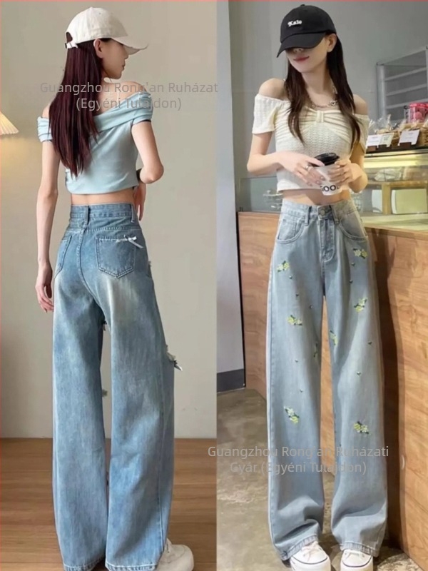 Női magas derekú, széles szárú farmer, denim anyag, mikroelasztikus, nyár 2025.