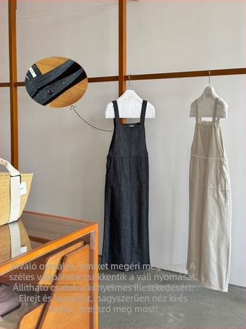 Denim overál lazán szabott derékkal, széles egyenes nadrággal, 70–80% pamut, casual stílus, tavasz 2025