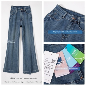 Női farmernadrág négyirányú elasztikussággal, enyhén bővülő szárú, magas derekú, denim pamuttal 30–50%