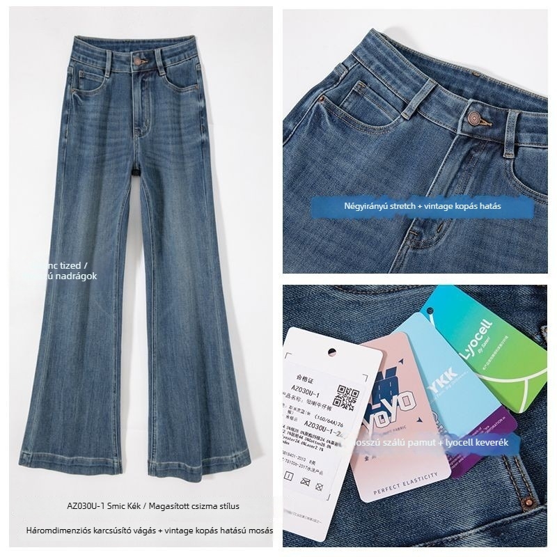 Női farmernadrág négyirányú elasztikussággal, enyhén bővülő szárú, magas derekú, denim pamuttal 30–50%