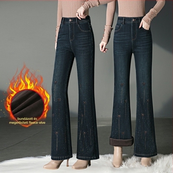 Denim nadrág mikro harang szabású és rhinestone díszítéssel – vast denim, pamut-poliészter, magas vagy közepes derék, hosszú, közepes elasztikusság