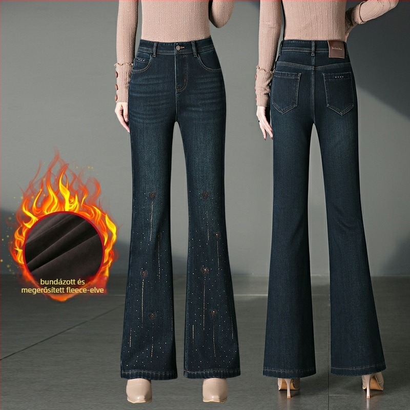 Denim nadrág mikro harang szabású és rhinestone díszítéssel – vast denim, pamut-poliészter, magas vagy közepes derék, hosszú, közepes elasztikusság